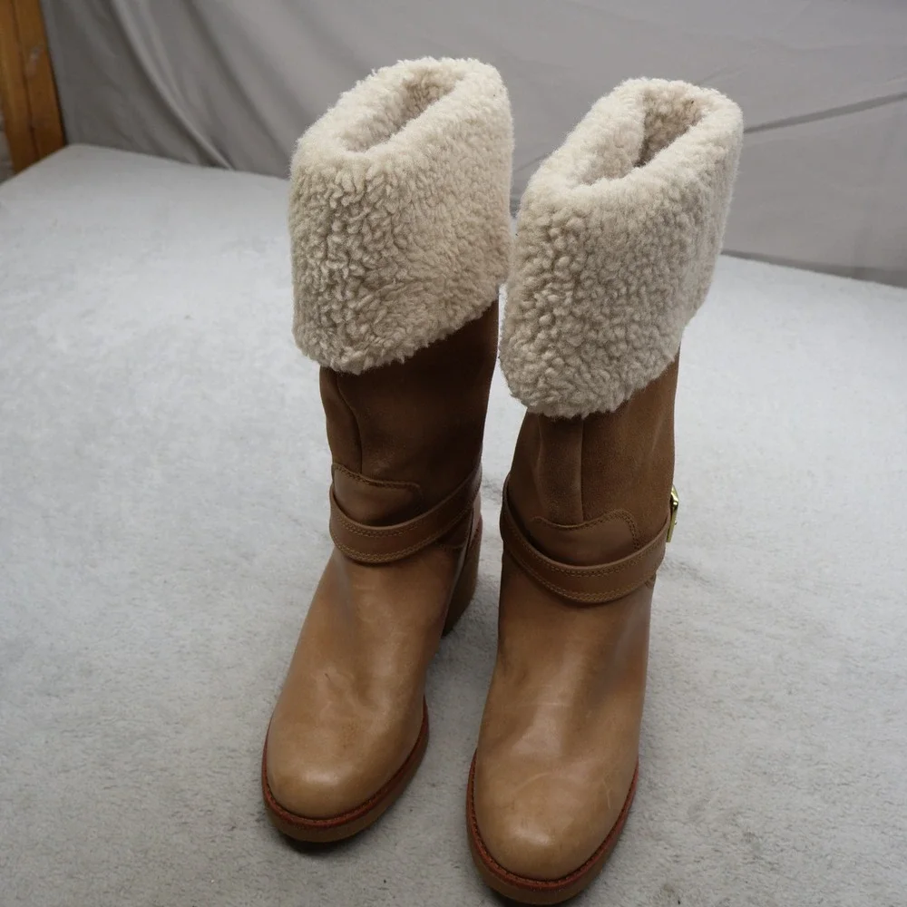 Coach Women 8.5B Boots Brown Parka Leather Shearling Buckle Designer Chic A01640